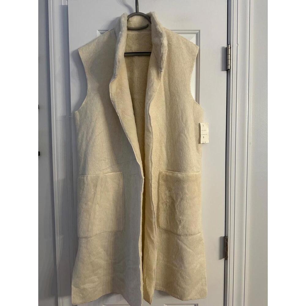 NWT Made in France Women's Faux Fur Long Vest Open Front Split Side Lark Ecru S